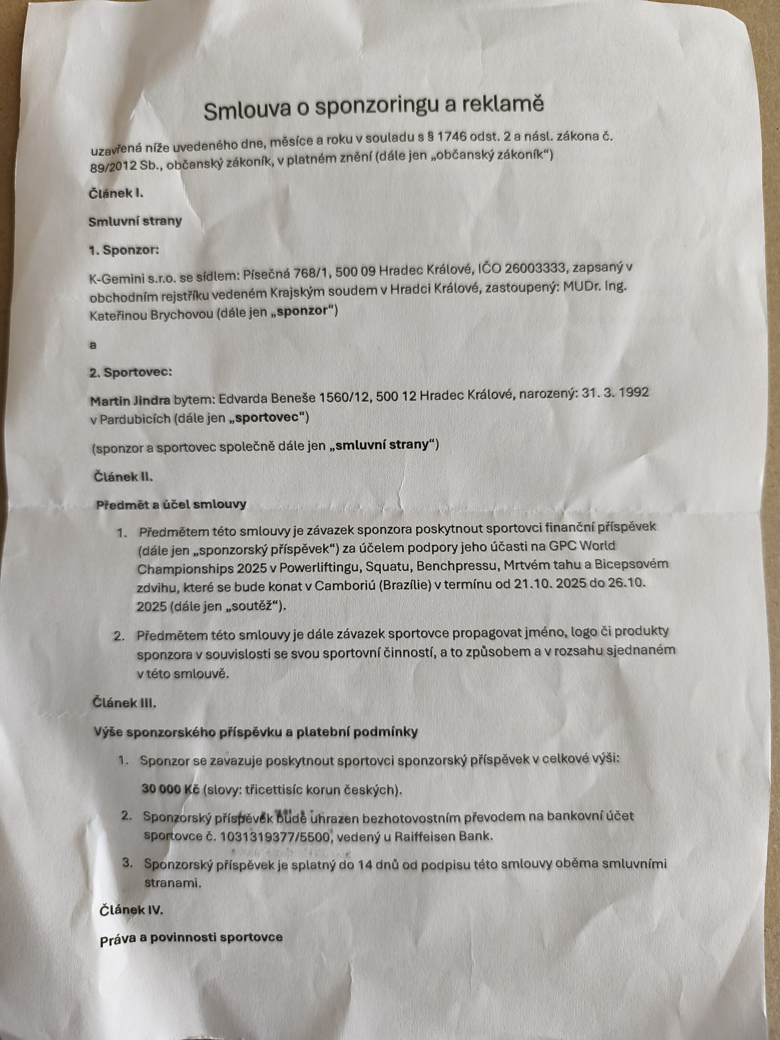 Sponzorská smlouva - strana 1